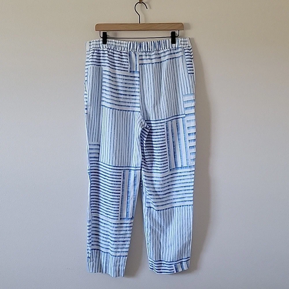 Chico's Blue‎ White Contrast Stripe Linen Pull-on Cropped Pants Size 10